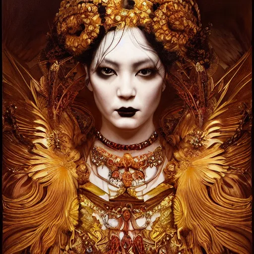 Image similar to highly detailed oil painting, very intricate, cinematic lighting, award - winning, portrait of the asian goddess of goth dressed by alexander mcqueen, by roberto ferri, by tom bagshaw, by j. c. leyendecker and klimt, american romanticism, by austin osman spare, artstation, cgsociety, official art, octane