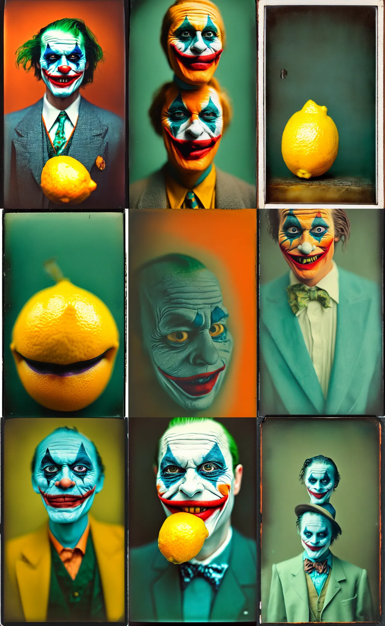 Image similar to kodak portra 4 0 0, wetplate, 8 k, shot of a highly detailed, britt marling style, colour still - life portrait of a lemon looks like 1 9 9 9 joker, teal and orange, muted coloures