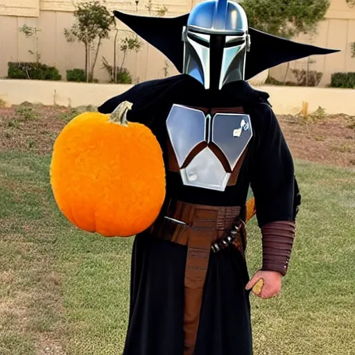 Prompt: the mandalorian in a large, stuffed, mango halloween costume. baby yoda stands next to him in a goard costume