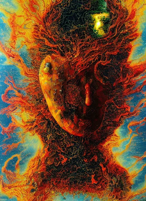 Image similar to exploding, cracking, colliding, smashing planets and moons engulfed in flames in the style of, pascal blanche, surreal, beksinski, damien hirst, high detailed