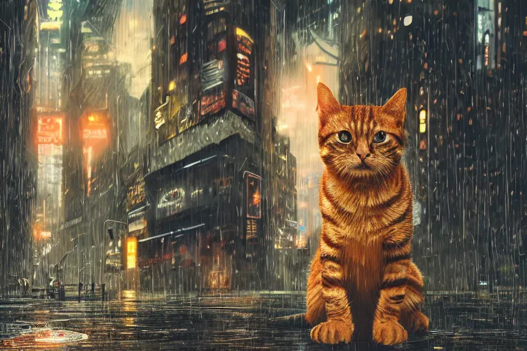 Prompt: a ginger tabby cat in the rainy streets of a cyberpunk dystopia, sad, hopeful, vibrant, very detailed, award winning, artstation, 8k