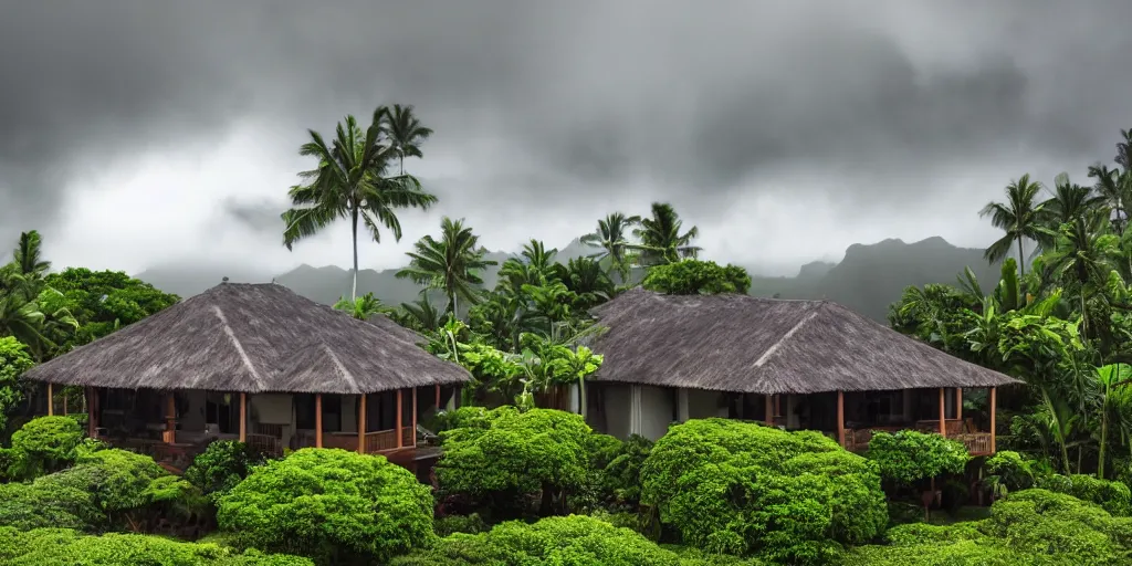 Image similar to a Hawaiian villa in the middle of an tropical forest, ominous Sky, gloomy atmosphere, cinematic, mist, High definition, 8k, ultra detailed