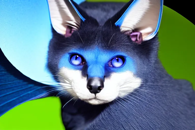 Image similar to a blue - and - black male blue / green heterochromatic catbat fursona with blue / green heterochromatic eyes ( one eye green ) and huge bat ears, photo of the catbat streaming on his computer