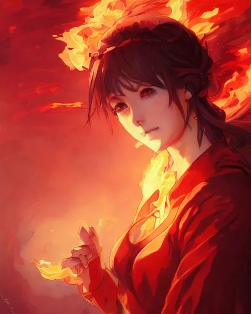 Image similar to red eyed beautiful anime girl, flames everywhere, highly detailed, digital painting, artstation, concept art, smooth, sharp focus, illustration, art by artgerm and greg rutkowski and alphonse mucha