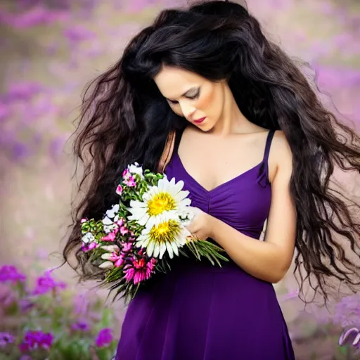 Image similar to beautiful Dressmaker with long dark hair working full of magic, flowers, 4k, colors, portrait