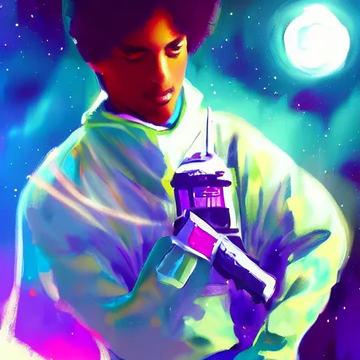 Image similar to a messy painting. Prince in space. Sci Fi colours. Trending on Artstation.