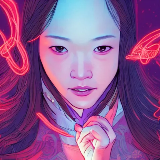 Image similar to portrait of jeon so min, falling in love, glowing with heart aura. sharp focus, cinematic pose, cinematic lighting, unreal engine render. art by josan gonzales and moebius and deathburger.