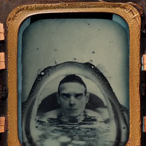 Prompt: tintype photo, swimming deep underwater, alien squid