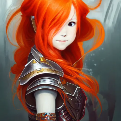 Prompt: Asuna Yuuki, Portrait of a girl with orange hair wearing a partial paladin armor with a red skirt and white top, face, fantasy, intricate, elegant, highly detailed, digital painting, artstation, concept art, smooth, sharp focus, illustration, art by Fernanda Suarez and Artem Demura and alphonse mucha