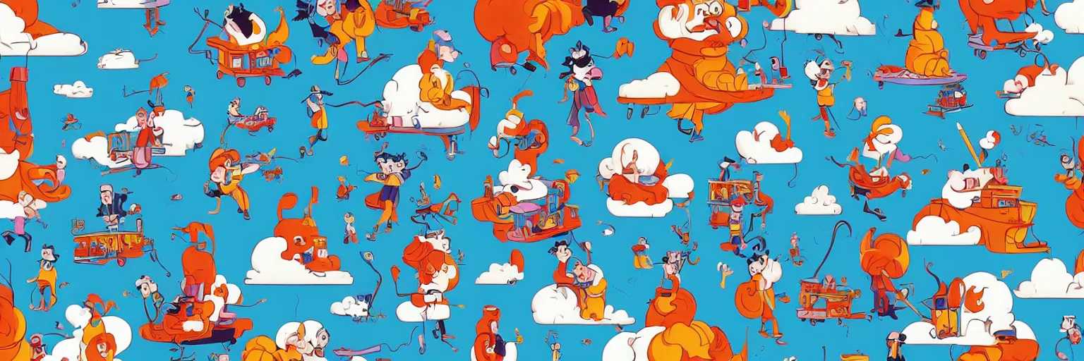 Image similar to a fantastical cartoon world in the clouds, barber shop, street market, nimbus clouds, cartoon characters with big teeth, small chinese style dogs, extremely wide shot, strong composition, fun and playful colors, thick ink lines, in the style of billy wu, trending on behance.