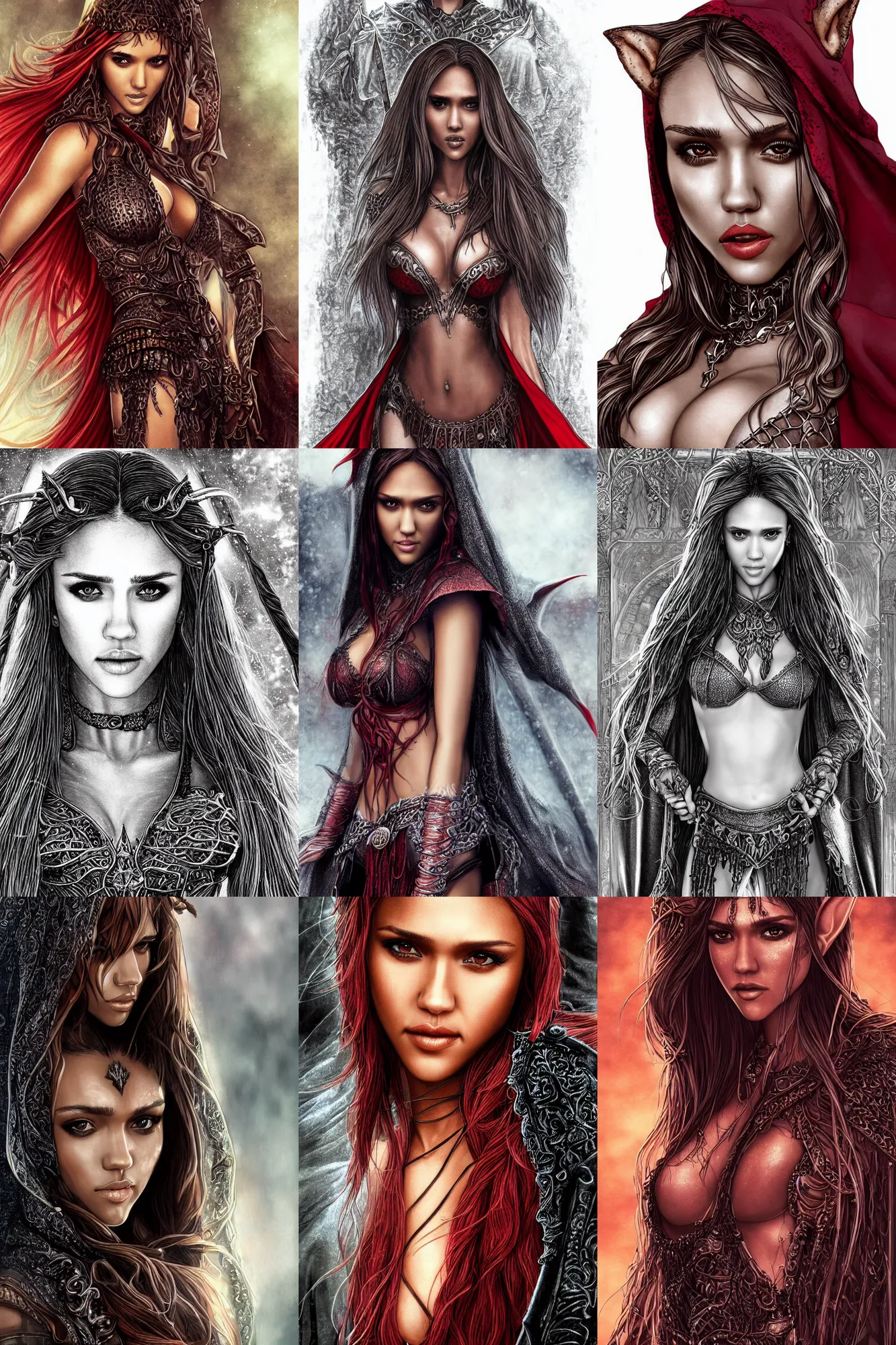 Prompt: alluring highly detailed matte close-up portrait of beautiful elf Jessica Alba with pale skin flowing red hair wearing chesty chainmail bikini and a long black cloak, very detailed, realistic, manga, pen and ink