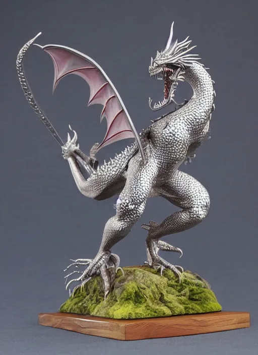 Prompt: 80mm, resin detailed model figure of a female wearing a silver dragon armor