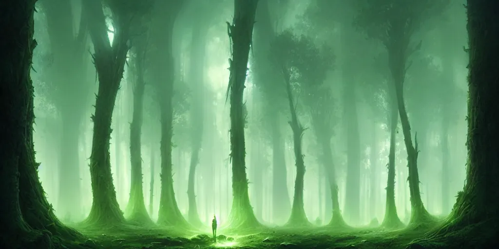 Image similar to strange alien forest, glowing fungus, misty, green glowing horizon, fireflies, ultra high definition, ultra detailed, symmetry, sci - fi, dark fantasy, by greg rutkowski and ross tran