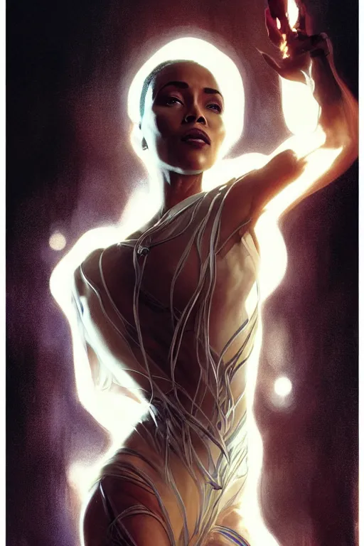 Image similar to young jada pinkett smith as aeon flux profile picture by Greg Rutkowski, the matrix, white hair, dynamic pose, intricate, futuristic, fantasy, elegant, by Stanley Artgerm Lau, greg rutkowski, thomas kindkade, alphonse mucha, loish, norman Rockwell,