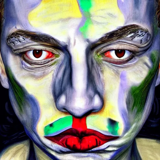 Prompt: intricate five star toxic demon facial portrait by pablo picasso, oil on canvas, hdr, high detail, photo realistic, hyperrealism, matte finish, high contrast, 3 d depth, centered, masterpiece, vivid and vibrant colors, enhanced light effect, enhanced eye detail, artstationhd