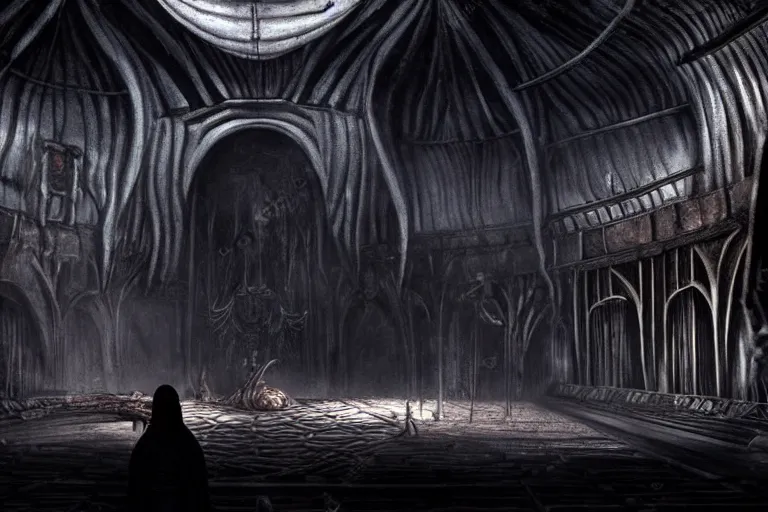 Image similar to balrog at the far end of a great hall in moria, style of h. r. giger, realistic movie still, cinematic, cgi,