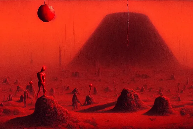 Image similar to only with red, a red god of death eat apple, a futuristic city on mars in background, floor are worms, in the style of beksinski, part by hopper, part by rodcenko, part by hofbauer, intricate composition, red by caravaggio, insanely quality, highly detailed, masterpiece, red light, artstation