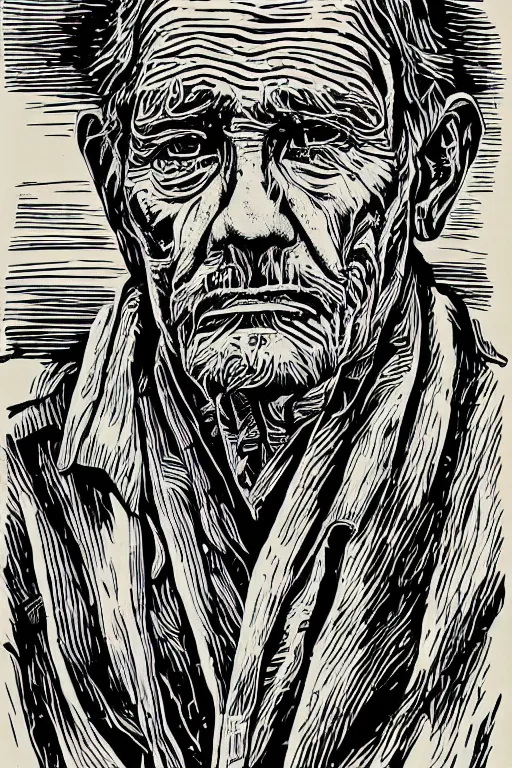 Prompt: a portrait of an old man with a solemn look and deep expression in his eyes, linocut print, highly detailed, strong lighting, cinematic, HD, 4K