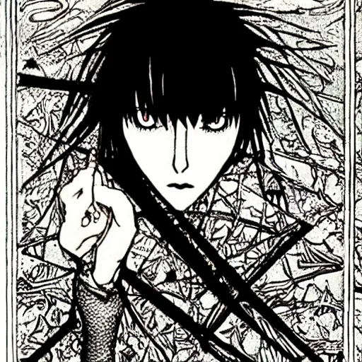 Image similar to amane misa, death note, artwork by Harry Clarke, highly detailed