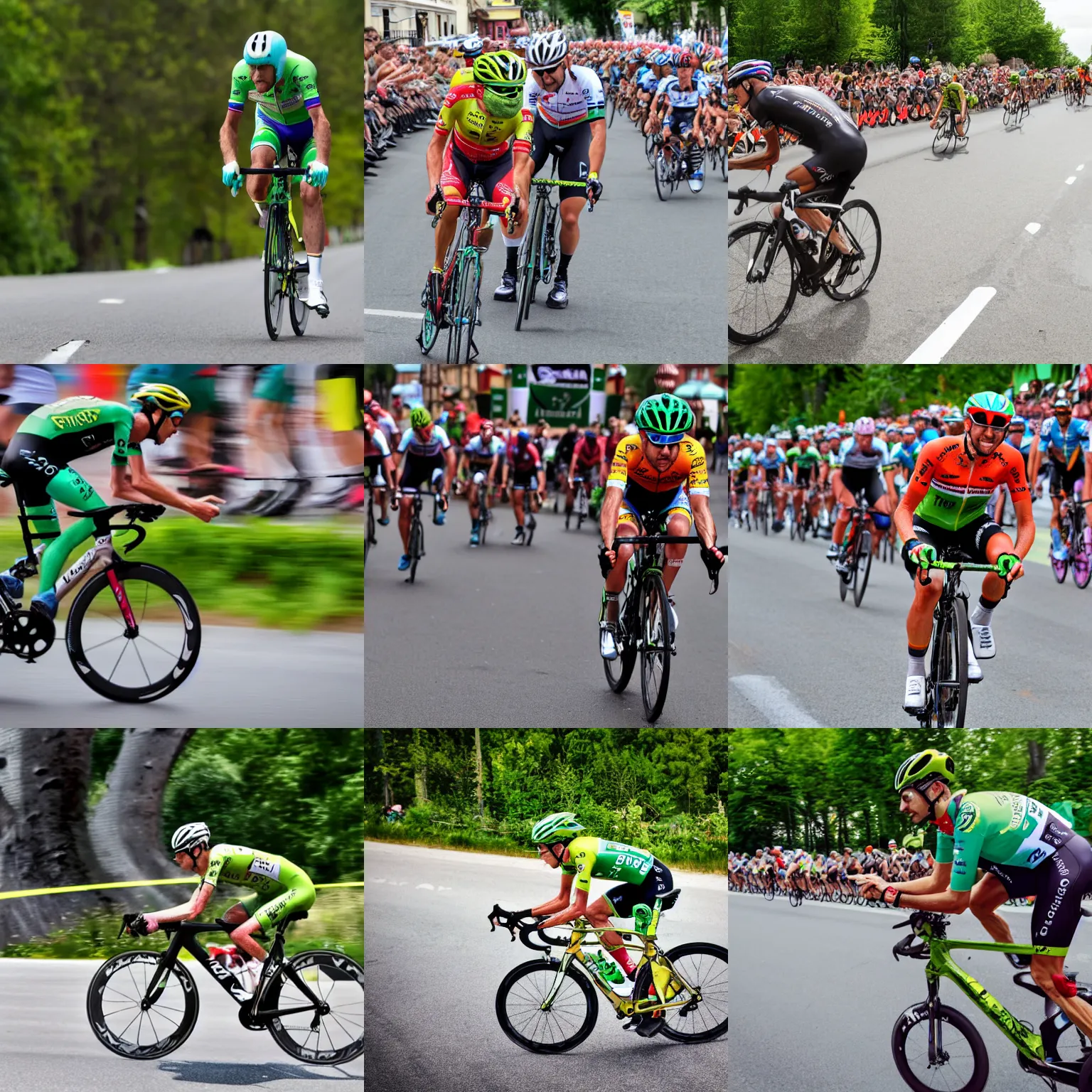 Prompt: bike rider using pickle rick as a prosthetic leg in the tour de france, action shot, high quality photograph, high resolution