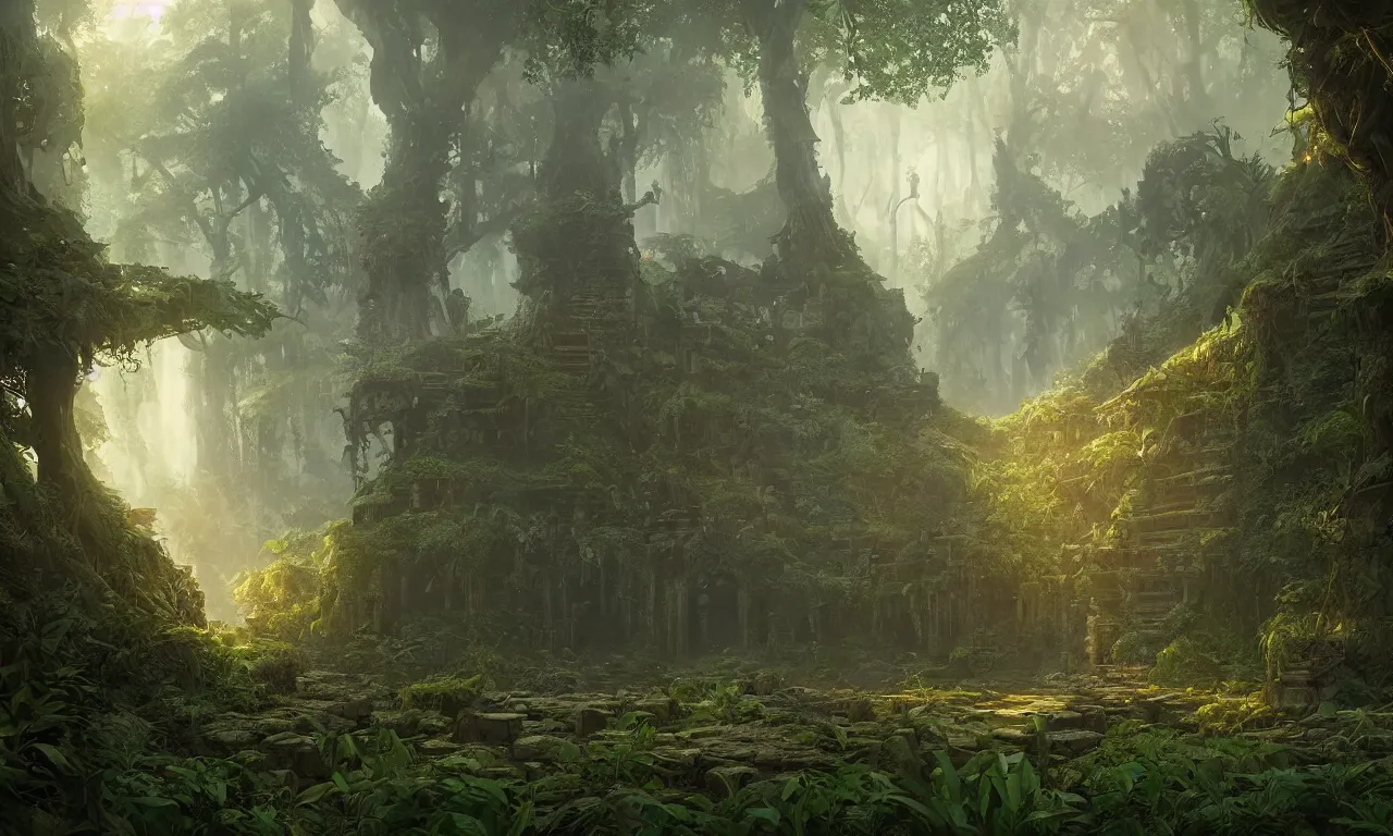 Image similar to Lost temple, covered by leaves and plants, in a magical forest with volumetric lighting, matte painting, greg rutkowski, artstation, 4k