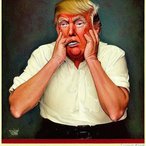 Prompt: “Donald Trump, looking at the camera, crying, in the style of Norman Rockwell”