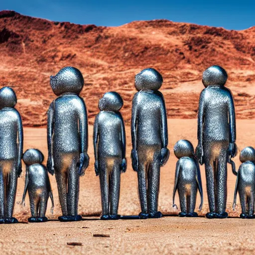 Image similar to Contamporary art fashion photography of ultra mega super hyper realistic detailed group of monkey's in suits standing around very highly detailed stainless steel monolith situated in the desert. Photo shot on ultra mega super hyper Leica Camera