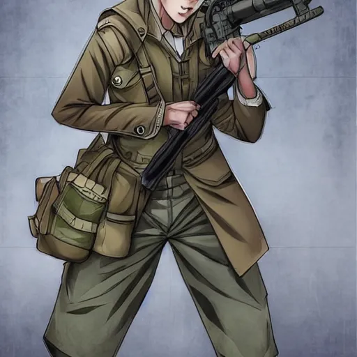 Image similar to manga style, smooth coloring, side portrait of a girl, trench and sandbags in background, realistic soldier clothing, realistic anatomy, miura kentaro