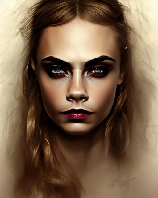 Prompt: portrait of cara delevingne wearing a smoldering dress by Alexander McQueen, Elden Ring, raymond swanland, trending on artstation