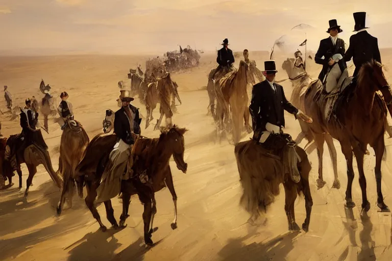 Image similar to portrait of a respectable dignified royal business elite politicians in top hats and coat tails riding on emus in the sahara desert throwing vanilla icecream cones at each other, art by anders zorn, wonderful masterpiece by greg rutkowski, beautiful cinematic light, american romanticism by greg manchess, jessica rossier