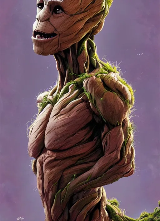 Prompt: wideshot, Portrait of Groot, marvel comics, dark, intricate, highly detailed, smooth, artstation, digital illustration by Ruan Jia and Mandy Jurgens and Artgerm and Wayne Barlowe and Greg Rutkowski and Frank Frazetta