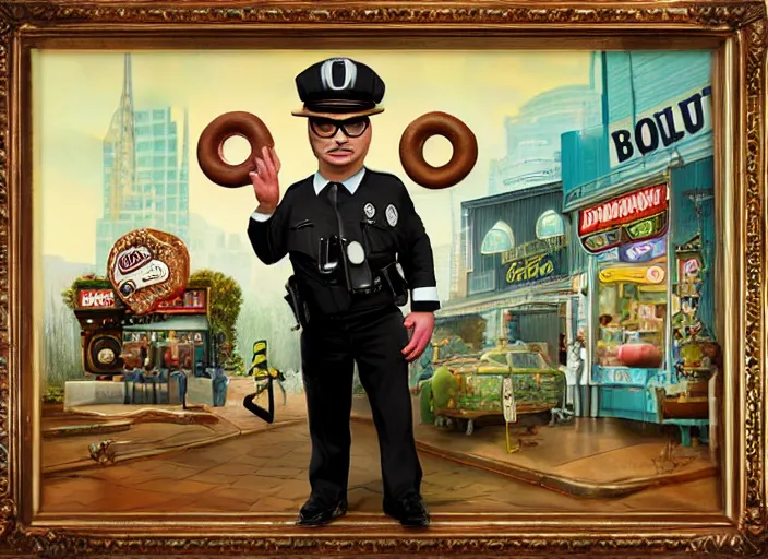 Image similar to the donut cop, lowbrow, matte painting, 3 - d highly detailed, in the style of mark ryden,