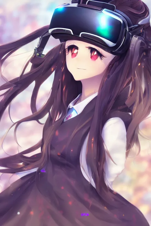 Image similar to anime girl with curly long hair wearing vr goggles and school uniform, aesthetic, wlop, digital painting, trending on artstation, highly detailed, epic composition, official media, 8 k uhd