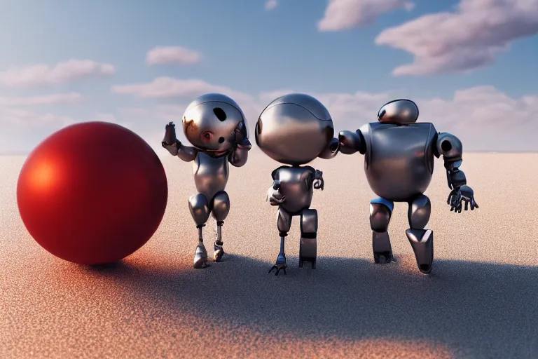 Prompt: Romeo and Juliet as robots holding ball at the beach, sunny day, photorealistic, cinematic framing, 3d render, octane render