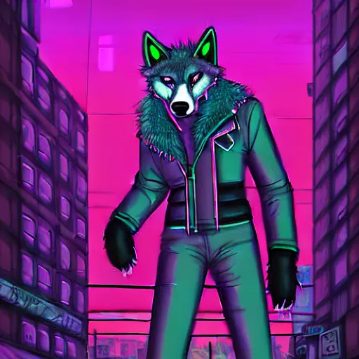 Image similar to beautiful commission digital art portrait commission of an androgynous furry anthro wolf wearing punk clothes in the streets of a cyberpunk city. neon signs, detailed background, futuristic adverts, holographics. character design by zaush, rick griffin, tessgarman, angiewolf, rube, miles df, smileeeeeee, furlana, fa, furraffinity