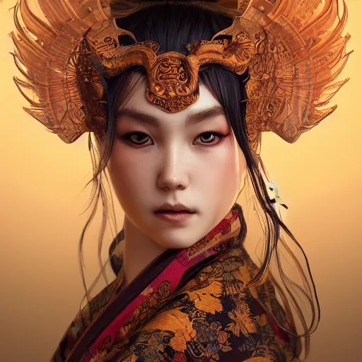 Image similar to a photorealistic dramatic fantasy render of a beautiful woman wearing a beautiful intricately detailed japanese cow kitsune mask and clasical japanese kimono by wlop, artgerm, greg rutkowski, alphonse mucha, beautiful dynamic dramatic dark moody lighting, shadows, cinematic atmosphere, artstation, concept design art, octane render, 8 k