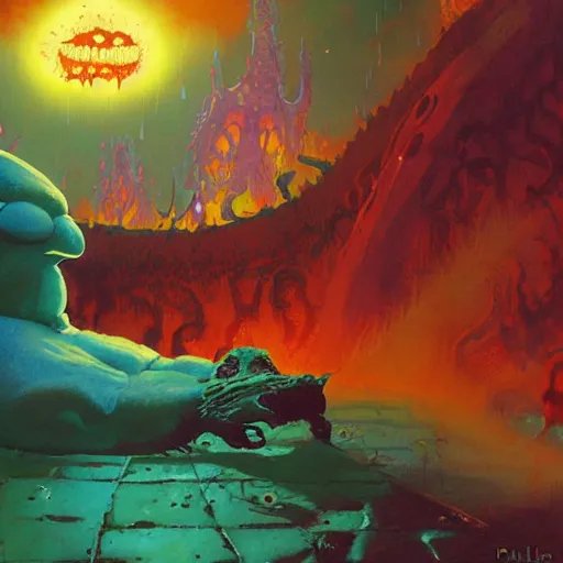 Prompt: peter griffin in hell by paul lehr and moebius