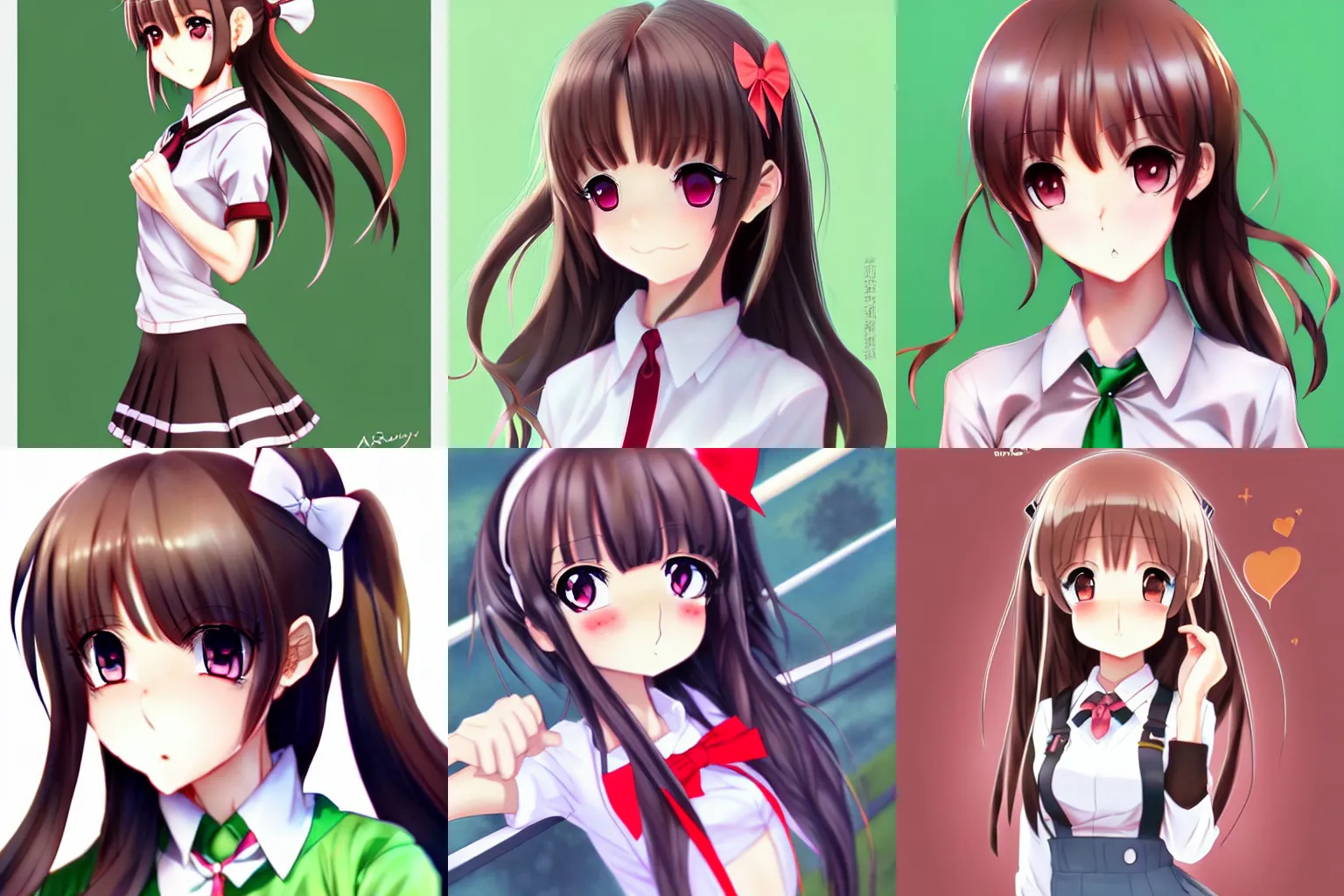 Prompt: very beautiful anime high school girl, complete body view, coral brown hair, ponytail, white ribbon, green eyes, full perfect face, slightly smiling, detailed school background, drawn by Artgerm, Sasoura, Satchely, no distorsion