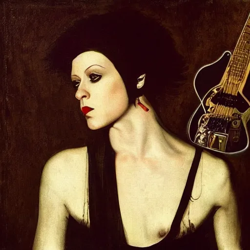 Image similar to Brody Dalle playing electric guitar by Caravaggio, masterpiece