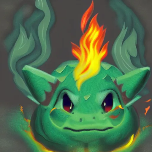 Image similar to a bulbasaur with fire powers, digital art, realistic,lava background