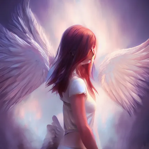 Image similar to an oil painting of a beautiful anime girl with angel wings, by artgerm, wlop and greg rutkowski, hd, hdr, ue 5, ue 6, unreal engine 5, cinematic 4 k wallpaper, 8 k, ultra detailed, high resolution, artstation, award winning