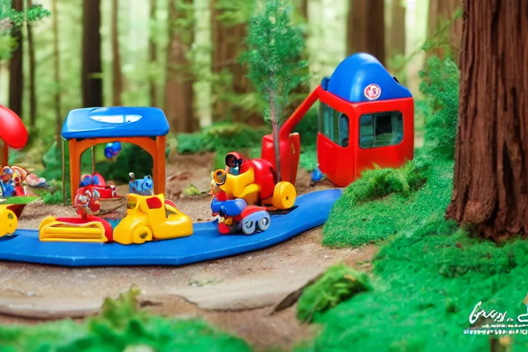 Image similar to fisher price redwood forest, california scene from tv show hyper detailed 5 5 mm 8 5 mm, toy photography