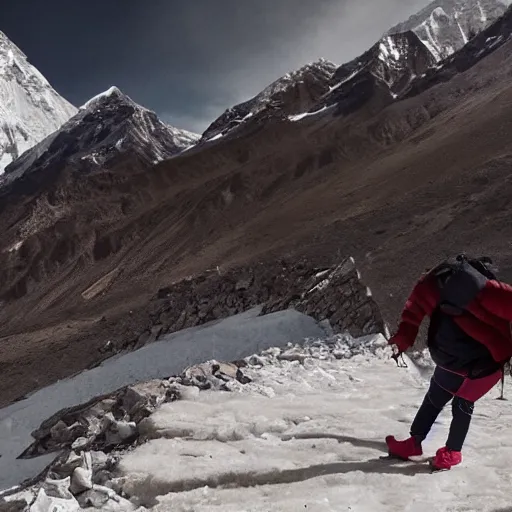 Prompt: blonde lady pushing obese indian woman in a wheelchair up mount everest, greg rutkowski