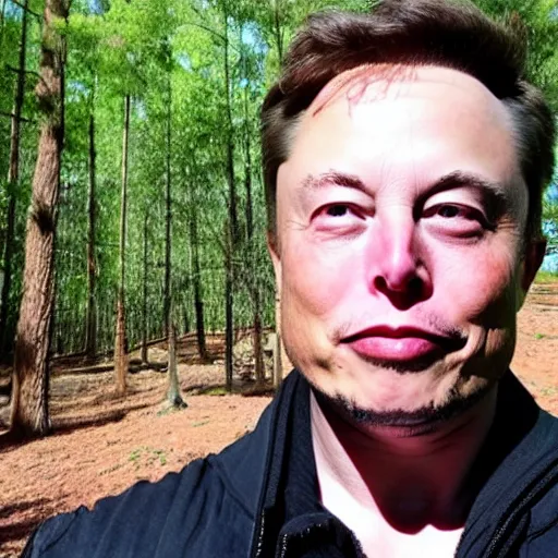 Image similar to elon musk taking a selfie in the forest, extremely detailed