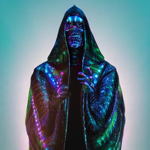 Prompt: a reptilian humanoid in a hooded cloak has luminescent scales that alternate neon coloring, the eyes are black and highly reflective, wet, stars in background, unreal engine 5 render, hyper realistic,