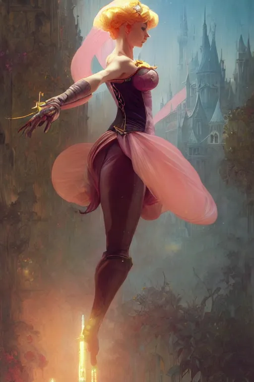 Image similar to aeon flux as princess peach picture by Greg Rutkowski, dynamic pose, matte painting, intricate, z brush, fantasy concept art, elegant, by Stanley Artgerm Lau, WLOP, golden ratio, thomas kindkade, alphonse mucha, loish, Peter chung, norman Rockwell,