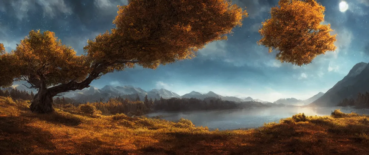 Image similar to realistic tree, mountains, river, landscape, photo, concept art, universe in the sky, cinematic lighting, 4k, wide angle, warm tones, Earth,