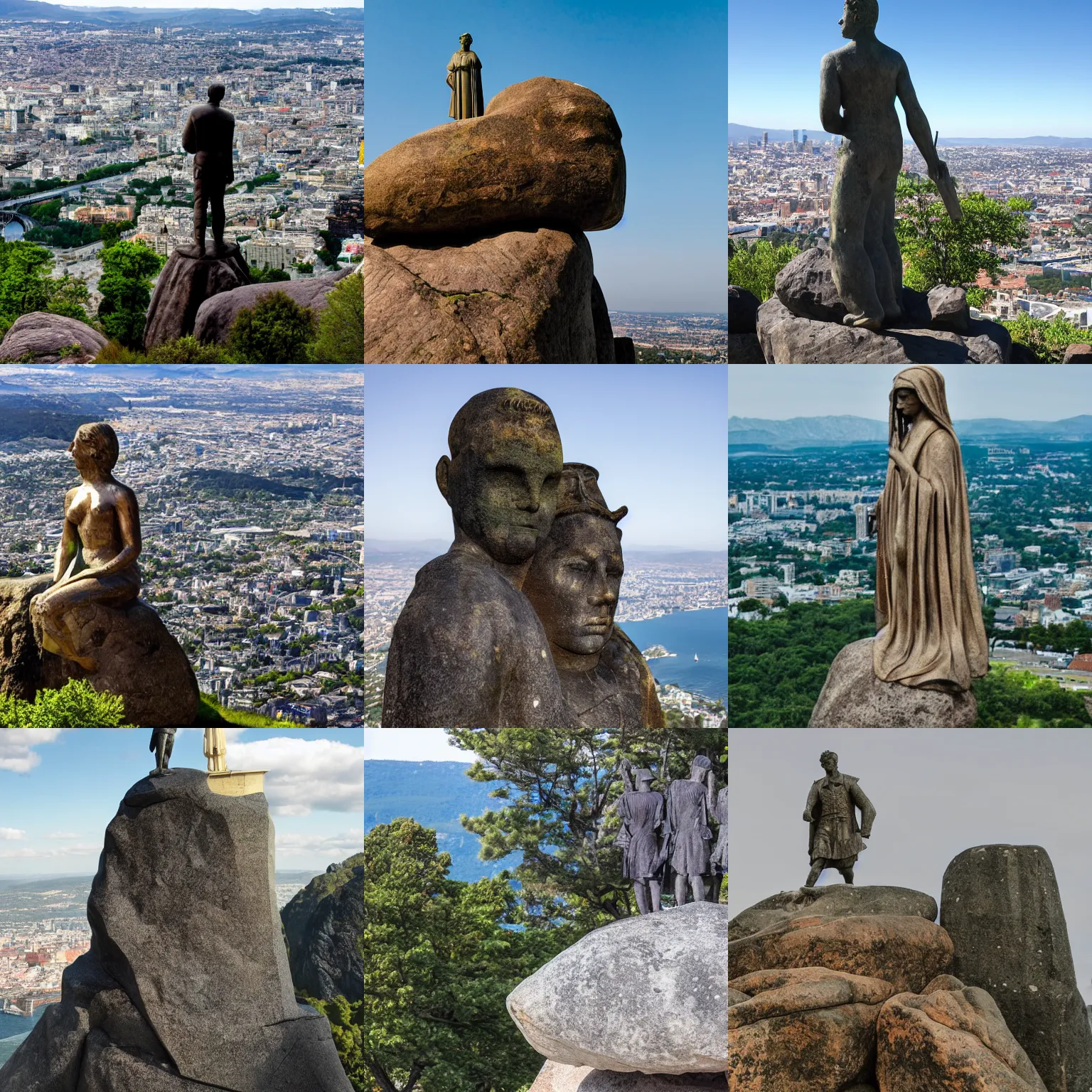 Prompt: the statue stands atop a large rock with a city below