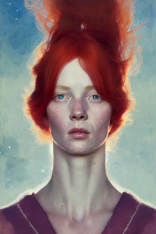 Image similar to of beautiful redhead female, beauty portrait by greg rutkowski, hilma af klint, moebius, victo ngai, sharp focus, global illumination, highly detailed, masterpiece, award winning, post processing