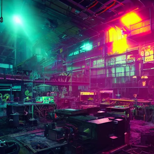 Image similar to epic scene of a large neon mechanical toad is being built by a team of people in a very creepy and dark warehouse, heaps of colored computer screens, glowing cables, dust, smoke, intricate details, ultra - realistic, 8 k, octane render, hyper realism